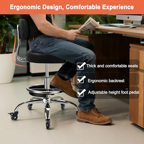 LWADALN Garage Mechanic Stool with Backrest, Height Adjustable Heavy Duty Swivel Task Chair, Rolling Workshop Stool with Tool Tray Storage, Mechanic Chair for Garage, Shop, Auto Repair (Black)