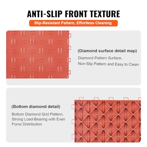 VEVOR Garage Floor Tiles 12 x 12 x 0.53 inch, Interlocking Design Ease of Installation Double-Sided Texture Non-Slip Sturdiness, for Garages, Basements, Repair Shops, Red, 50 Pack