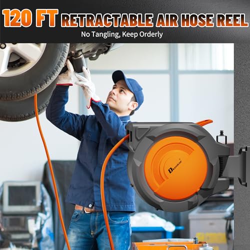 Dkenicor Retractable Air Hose Reel, 3/8" x 120ft Hybrid Hose, Auto Rewind Enclosed Air Compressor Hose Reel with 180° Swivel Bracket, Max 300 PSI Any Length Lock for Garage & Workshop