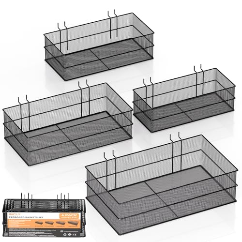 INCLY 4 Pack Upgrade Pegboard Baskets, 4 Sizes Square Metal Mesh Basket