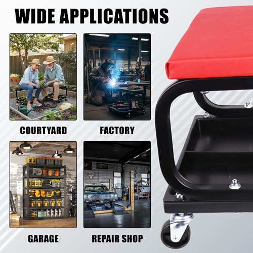 QCUNMAG Rolling Creeper Garage/Shop Seat, Padded Rolling Workshop Stool with Tool Tray Storage, Mechanic Stool for Garage, Shop, Auto Repair, 250 LBS Capacity, Red