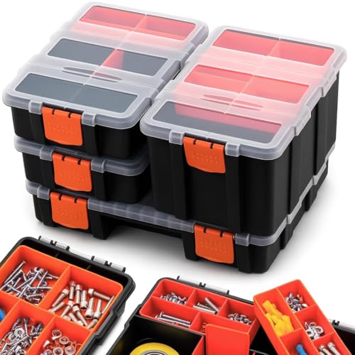 Andalus Tools Organizer Box, Small Parts Storage Multi-Compartment Portable Hardware Organizer Removable Plastic Dividers for Screws, Nuts, Bolts, Nails – Orange (4 Set, 12.2" x 9.1" x 7")