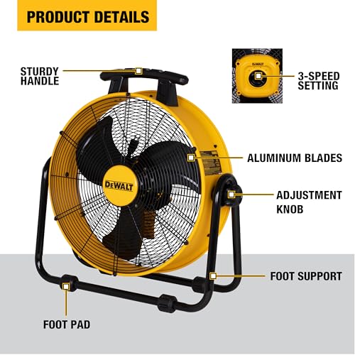 DEWALT 20 Inch Floor Fan, 180° Adjustable Tilting Drum Fan DXF2042