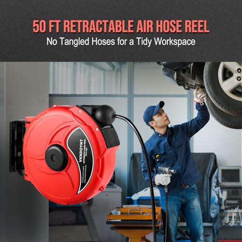 Retractable Air Hose Reel, 1/4 in x 50 FT Hybrid Polymer Hose, Air Compressor Hose Reel with 5 ft Lead in, Ceiling/Wall Mount Enclosed Air Reel, 180° Swivel Mount, Red/Black