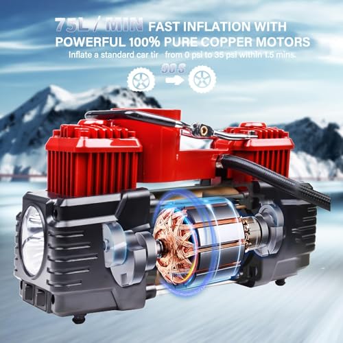 MESHUBA Dual Cylinder Tire Inflator Portable Air Compressor 12 Volt Car Air Pump Car Accessories 150 PSI LED Light, Heavy Duty Off Road for Truck, SUV, Car, RV(RED)