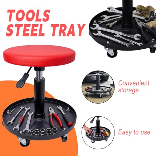 QCUNMAG Mechanic Stool, 300 LBS Rolling Pneumatic Creeper Garage/Shop Seat, Adjustable Height Padded Rolling Workshop Stool with Tool Tray, for Garage, Shop, Auto Repair (Red)