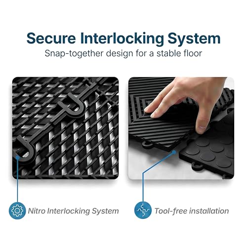 Nitro Tiles Vented by FlooringInc 12" x 12" Interlocking Garage Floor Tiles, Self-Draining Heavy Duty Polypropylene Drainage Tiles, Snap-Together Non-Slip Floor Tile, Midnight Black, 52-Pack (52 SqFt)