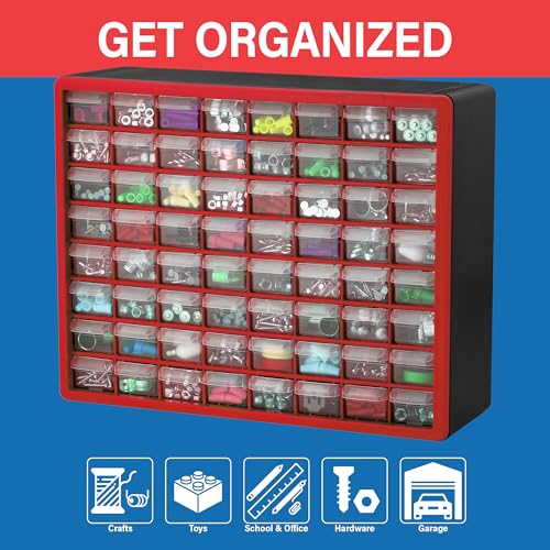 Akro-Mils 64-Drawer Plastic Storage Cabinet, 20" W x 6" D x 16" H, Red