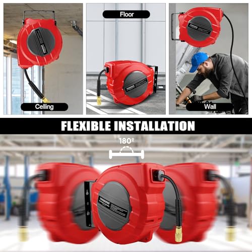 Vkndoynt Retractable Air Hose Reel, 1/4 IN x 50 FT Hybrid Polymer Hose, Auto Rewind, Wall Mount, Dark Gray/Red