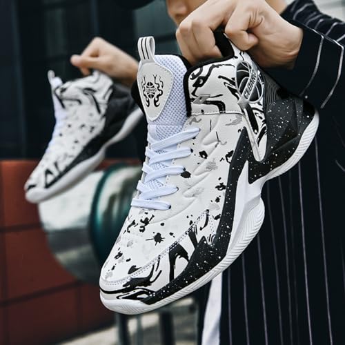Qiucdzi Men's Basketball Shoes Non-Slip Breathable Outdoor Sneakers Fashion Graffiti Outdoor Sports Training Shoes for Running Walking Black