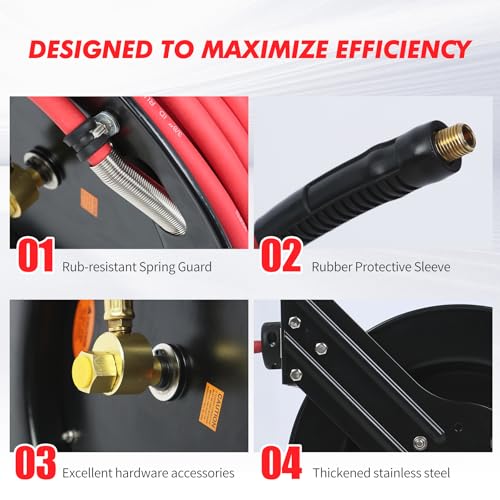 MaxWorks 50 Foot Auto Rewind Retractable Air Hose Reel with 3/8" Rubber Hose 250 PSI Heavy Duty Steel Spring Multi Position Ratchet and Solid Brass Fittings for Garage and Workshop (80720)