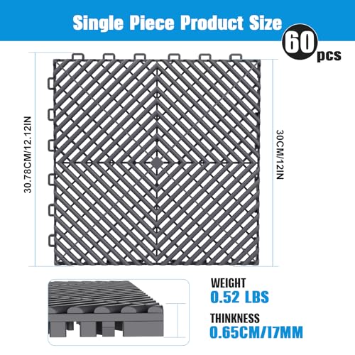 Jocoevol 60-Pcs Interlocking Tile, 12" x 12" Indoor/Outdoor Self-Drainage Interlocking Floor Tiles, Non-Slip Heavy-Duty Polypropylene Splicing Flooring Tile for Garage Patio Pool Bathroom, Grey