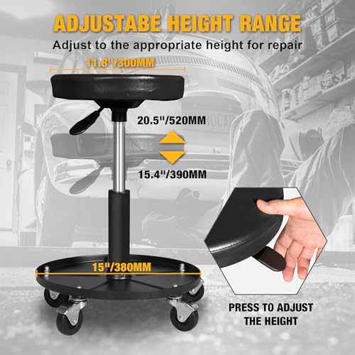 YELLOW JACKET Pneumatic Rolling Mechanic Stool with Wheels 250lb Capacity Adjustable Height Garage Shop Seat with Tool Tray for Auto Repair Workshop