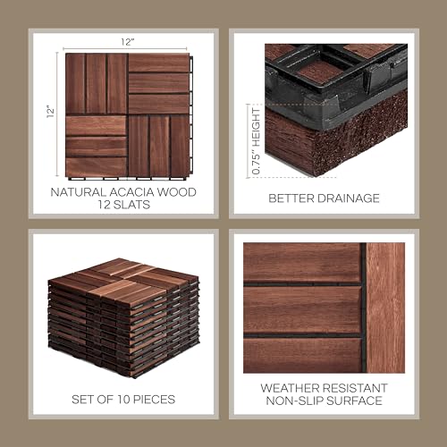 THYOI Premium Deck Tiles, 10 Pcs Patio Flooring - Brown - Crossed Pattern