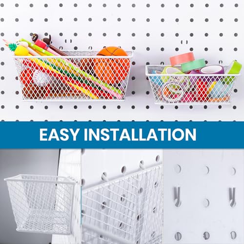 Sieral 4 Pcs Pegboard Baskets Metal Wire Shelf Baskets Peg Board Organizer Accessories Wall Mount Organizer Attachments for Garage Workbench Various Tool Accessories, 2 Sizes (White,Small, Large)