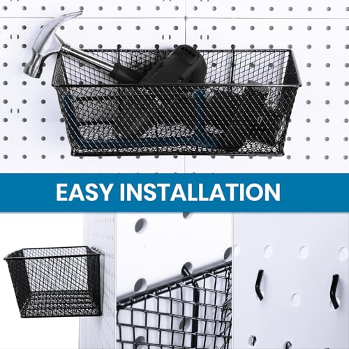 Sieral 4 Pcs Pegboard Baskets Metal Wire Shelf Baskets Peg Board Organizer Accessories Wall Mount Organizer Attachments for Garage Workbench Various Tool Accessories, 2 Sizes (Black,Large)