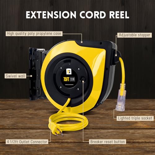 EP Retractable Extension Cord Reel,75 Feet 14 AWG/3C SJTOW Heavy Duty Power Cord,10 AMP Circuit Breaker, 3-Lighted Triple Outlets,Ceiling or Wall Mount Use Indoor, Yellow