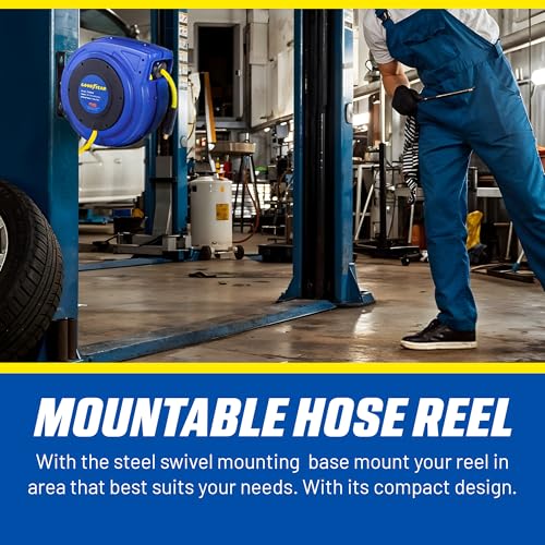 Goodyear Air Hose Reel Retractable 3/8" Inch x 65' Feet Hybrid Polymer Hose