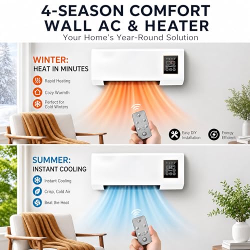 Portable Wall Mounted Air Conditioner Fan, 2-in-1 Cooling Air Conditioner and Heater Combo, Quiet Smart AC Unit with Remote & Timer for Bedroom, Garage, Basement, Office(White)