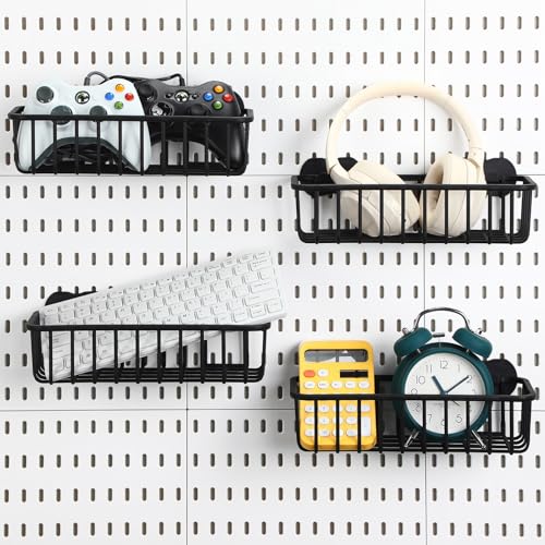 Maxdot 4 Pcs Pegboard Baskets with Hook, Compatible with IKEA Skadis Peg Board, Wall Bins and Baskets Storage Box Containers Accessories for Home Garage Office, 11 x 5 x 3 Inches(Black)