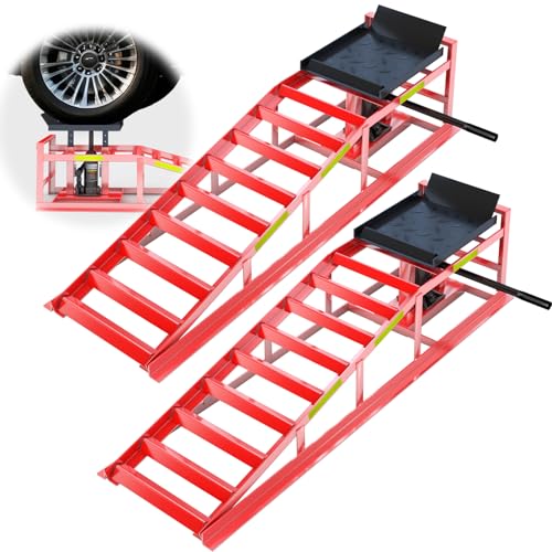 2 PCS Hydraulic Car Ramp, 5T Heavy-Duty, Red,Lifting Height 9.8-15 in