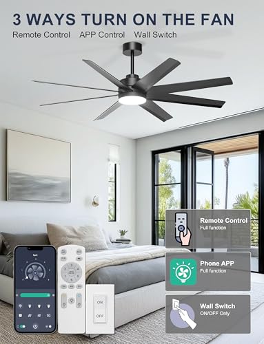 Ohniyou 60" Black Ceiling Fan with Light for Patio, Porch, Living Room