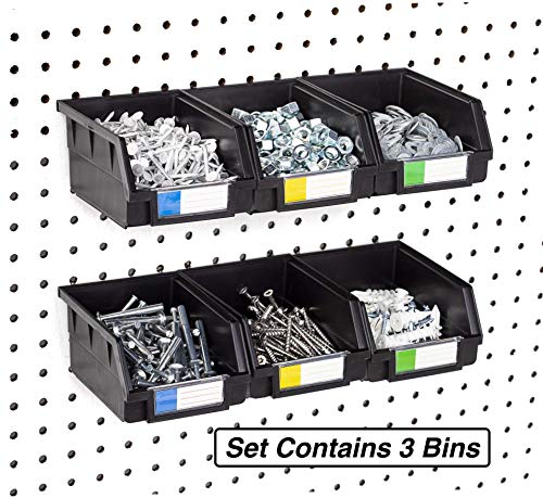 Right Arrange Pegboard Bins - 3 Pack Black Large - Hooks to Any Peg Board - Organize Hardware, Accessories, Attachments, Workbench, Garage Storage, Craft Room, Tool Shed, Hobby Supplies, Small Parts