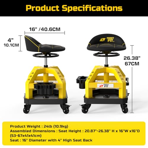 FreekyFit Rolling Shop Stool for Garage with Casters, DO02-Adjustable Height 360° Swivel Shop Seat with Tool Tray Storage, 330 LBS Capacity Padded Mechanic Stool, Magnetic Tool Hold, Heavy Duty,Yellow