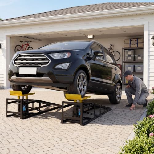 2 Pack Hydraulic Car Ramps 5 Ton Capacity, Heavy Duty Steel Vehicle Ramps with 9.8"-15" Adjustable Height for Oil Changes & Maintenance, Low Profile Wide Deck for Cars SUVs Trucks