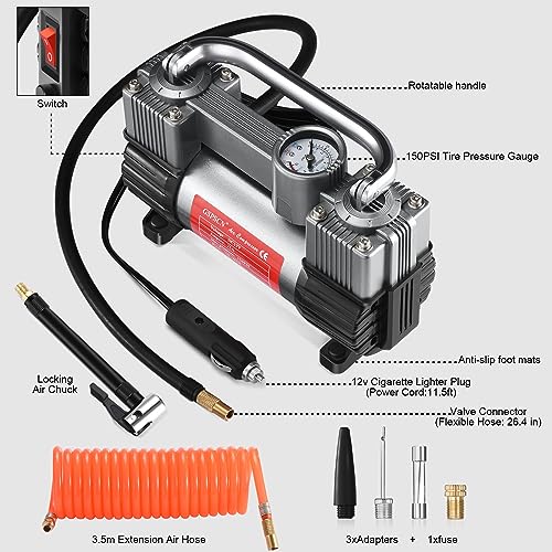 GSPSCN 12V Heavy Duty Tire Inflator Metal Portable Air Compressor Pump