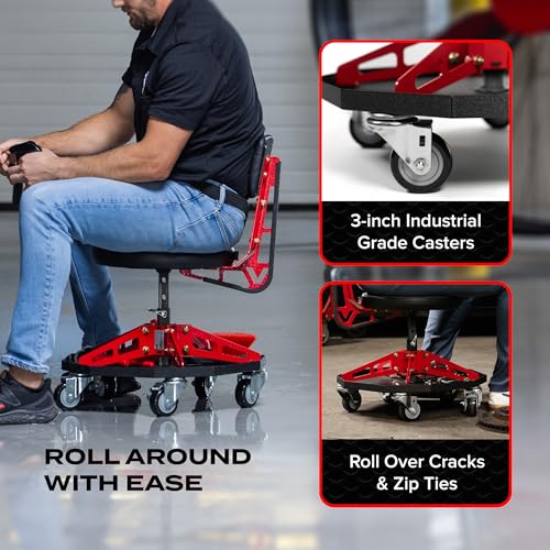 Vyper Robust Steel Sport Shop Chair for Mechanics, Black Seat, Red Frame