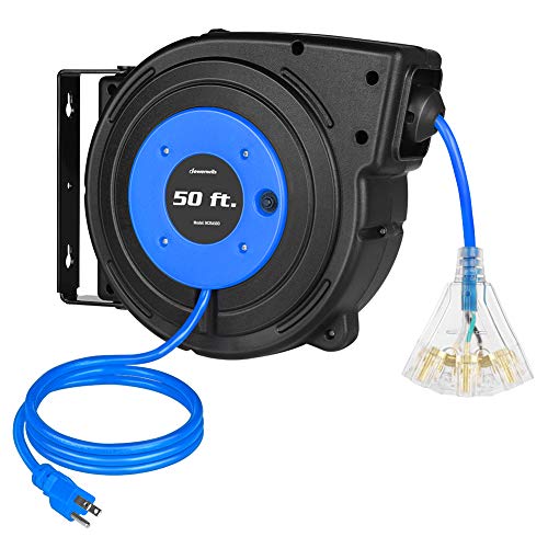DEWENWILS 50FT Retractable Electric Cord Reel, 13A Circuit Breaker, Blue