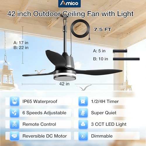 Amico 42" Outdoor Ceiling Fans with Lights, IP65 Waterproof Gazebo Fan