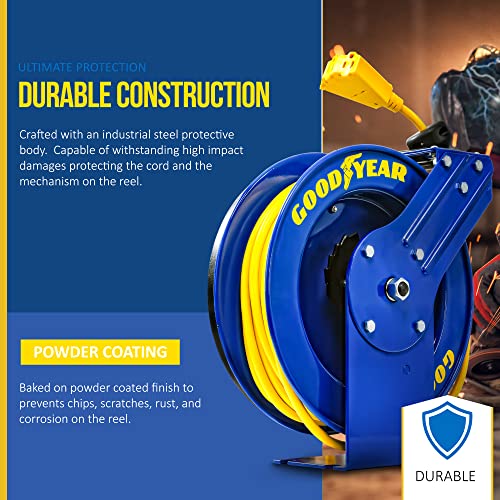 Goodyear Extension Cord Reel Retractable 12AWG x 50' Feet, Steel Single Arm