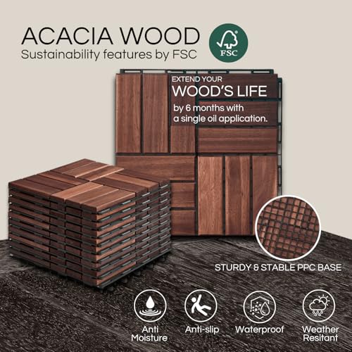 THYOI Premium Deck Tiles, 10 Pcs Patio Flooring - Brown - Crossed Pattern