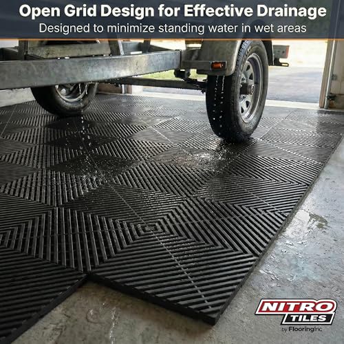 Nitro Tiles Vented by FlooringInc 12" x 12" Interlocking Garage Floor Tiles, Self-Draining Heavy Duty Polypropylene Drainage Tiles, Snap-Together Non-Slip Floor Tile, Midnight Black, 52-Pack (52 SqFt)