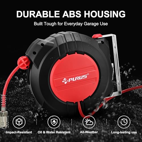 PURUS Retractable Air Hose Reel, 1/4" x 32ft, 180° Swivel Wall/Ceiling Mount, Auto Rewind, Hybrid Hose Max 145 PSI Pressure Air Compressor Hose Reel Quick Coupler for Workshop & Garage