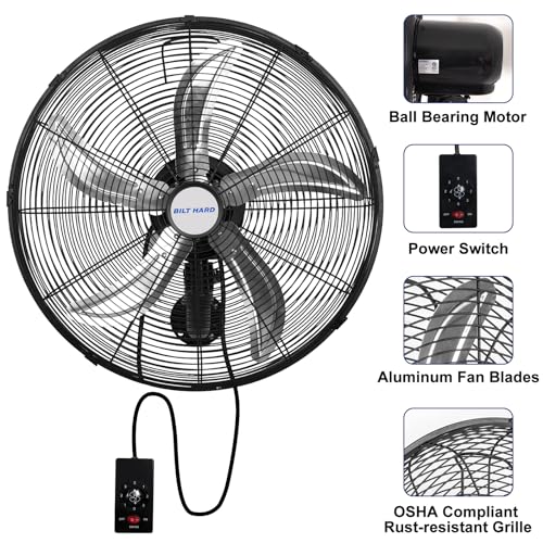 BILT HARD 20" Oscillating Wall Mount Fan, 3-Speed 5900 CFM High Velocity Wall Mounted Fan with Wired Remote, Heavy Duty Industrial Wall Fan for Commercial, Garage and Warehouse