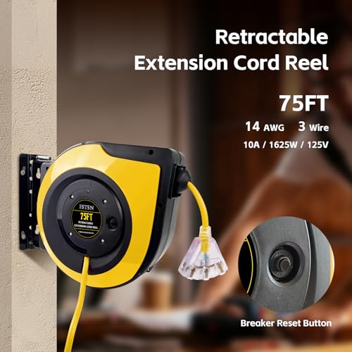 FSTSN Retractable Extension Cord Reel, 75 FT, Heavy Duty 14AWG/3C SJTOW Power Cord, with Lighted Triple Tap Outlet 10 Amp Circuit Breaker, for Ceiling or Wall Mount Garage and Shop, Yellow