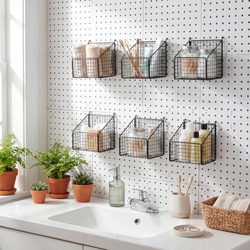 LOYIM 6 Pcs Black Pegboard Baskets Kit Metal Wire Peg Board Shelf Baskets Pegboard Organizer Accessories Bin Set Wall Mount Storage Attachments for Tool Storage Craft Room Garage Small Parts Workbench
