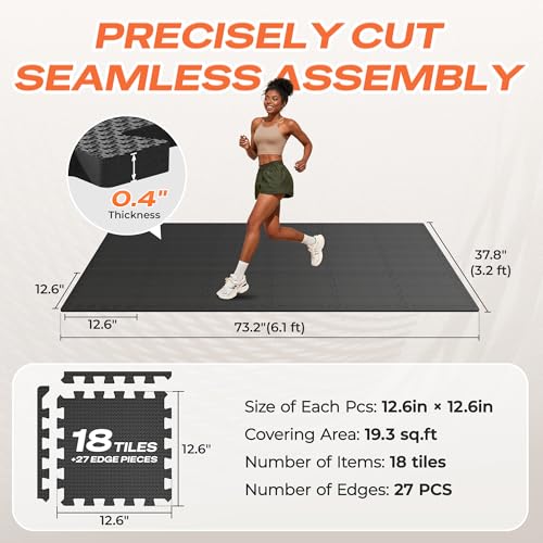 SUPERJARE Gym Floor Mats, EVA Foam Puzzle Exercise Mats, Interlocking Floor Mats, Cushioned Foam Floor Tiles, Gym Flooring Workout Mat for Home Gym, Playroom, Garage, 18 PCS, 12.6"x12.6"x0.4", Black
