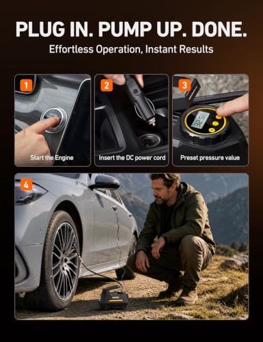 AstroAI AIRUN H Tire Inflator Portable Air Compressor,9.8Ft Cord-12VDC-Powered Auto Shut-Off,Fast Inflation Electric Air Pump for Car Tires-Car Accessories with Digital Pressure Gauge,LED Light,Yellow