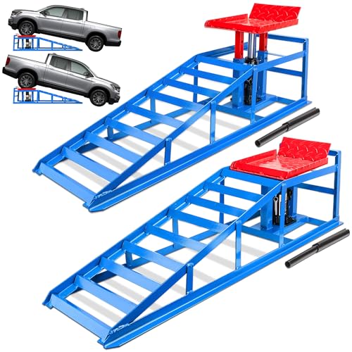 2PCS Hydraulic Car Ramps, 5T 11000lbs Heavy Duty Adjustable Steel Lift Ramps, Hydraulic Vehicle Ramps Lift Ramp for Oil Changes, Car Lifts for Home Garage, Vehicle Auto Garage Repair (Blue)