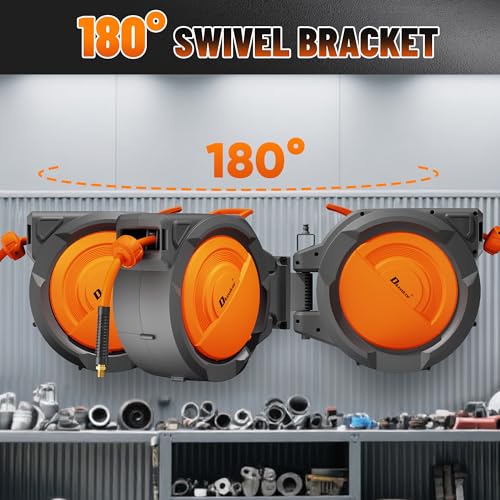 Dkenicor Retractable Air Hose Reel, 3/8" x 120ft Hybrid Hose, Auto Rewind Enclosed Air Compressor Hose Reel with 180° Swivel Bracket, Max 300 PSI Any Length Lock for Garage & Workshop