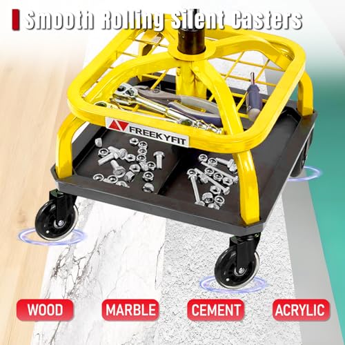 FreekyFit Rolling Shop Stool with Wheels, Garage Work Mechanic Stool with Backrest, Roller Mechanic Chair, Adjustable Height, 360° Swivel, Tool Tray Storage, 330 LBS Capacity, Heavy Duty, Yellow