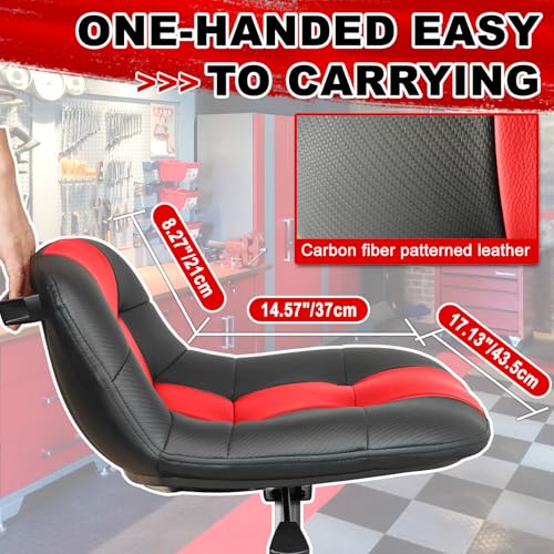 FREEKYROCK Rolling Stool with Wheels, Adjustable Height Pneumatic Garage Work Mechanic Stool Seat with Backrest, 400 LBS Capacity 360° Swivel Mechanic Crepper Chair with Tool Tray Storage, Red