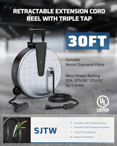 DEWENWILS Retractable Extension Cord Reel, Metal Reel with 30FT Power Cord
