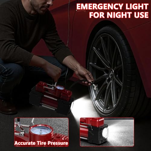 MESHUBA Dual Cylinder Tire Inflator Portable Air Compressor 12 Volt Car Air Pump Car Accessories 150 PSI LED Light, Heavy Duty Off Road for Truck, SUV, Car, RV(RED)