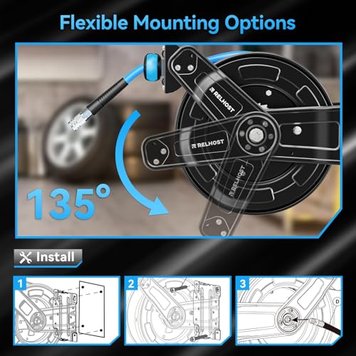 Retractable Air Hose Reel, 65ft x 3/8in Hybrid Air Hose (300PSI), Heavy Duty Compressor Hose Reel, Auto Rewind - Wall/Ceiling Mount for Workshops