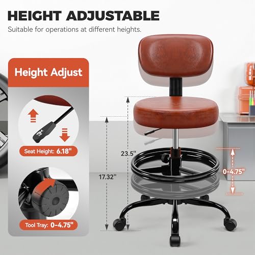 BestGlory Shop Stool with Wheels for Garage, Mechanics Rolling Chair with Backrest, Adjustable Height Heavy Duty Garage Stool with Footrest and Storage Tray, Swivel Task Chair for Workshop Salon